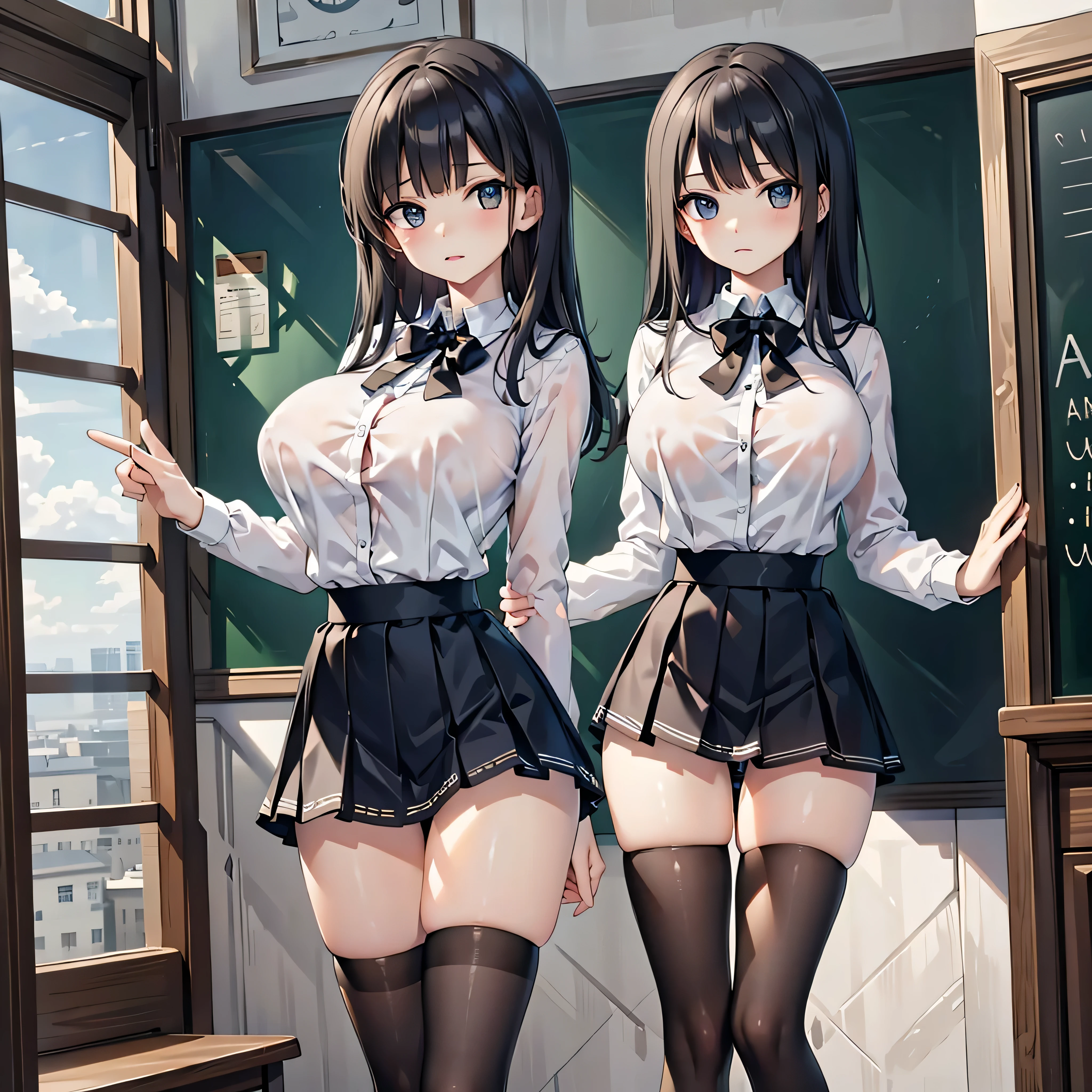 (1 skinny girl at primary school), school uniform, high-waist skirt, (thigh gap), (inky-black thighhighs:1.2), (bouncing large breasts:1.2), (bursting large breasts), swaying back, narrow shoulders, (too short torso), skinny narrow waist, long skinny legs, (orgasm), looking up for viewer