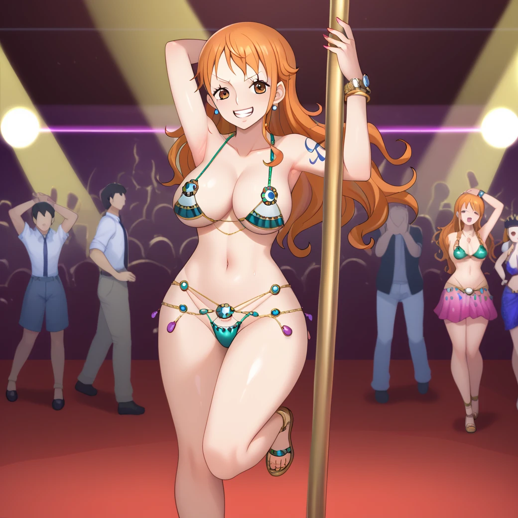 score_9,score_8_up,score_7_up, 1girl, nami, one piece pre-time skip, shiny skin, clothed female, wearing, nami, gyaru, full body, seductive, nami, bitch nami, desert, Miraj, harem clothes, belly dance, live show, public throwing coins, concert, stage, lighting, purple harem clothes, venus bikini, fortune bikini, jewelry, navel, venus bikini, luxurious, dancing, pole dancing, sensual dance, moving hips, shaking hips, thrusting air, 
