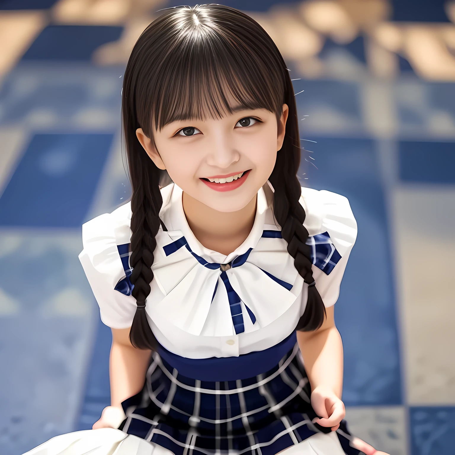 (Highest quality, masterpiece:1.2), Highest quality, High resolution, 1080P, 8k, height: 158cm, Multiple cute girls, (Noble, Japanese 13yo truly-girly-girl is seated on a blue flat floor and smiling directly at me in school uniform, Looking up at me deeply, Hypnotizing me with her cuteness: 1.8), looking at the viewer, well-grown breast and nice style, (well arranged, balanced, neat glossy straight very long hair), (Half-closed, Looking up to me, Very sleepy, Double-deep-eyelids, completely balanced, brown large large dreaming Japanese 12yo eyes with detailed beautifully: 1.6), (Glossy lips: 1.8), (high nose: 1.2), (Rich and long bottom-eye-slashes), (Drives me crazy for her navy-colored neat tartan plaid blue skirts and make me fall into her navy-colored plaid-print pleats skirt: 1.4), (Fine white-face that looks like she has never been out of home: 1.6), (Noble feminine frilled frilled clean frilled white girly blouse: 1.6), (Navy pleated plaid skirt: 1.5), (Plain-white big ribbon on the breast), (Hypnotizing shadow of blue Succubus background: 1.8), (Girl whom everyone loves because of her beauty and neat school fashion and noble manner and magic-charm of succubus: 1.7), full body shot, (jolly face expression), (evenly cut curled glossy rich beautiful bangs: 1.6), (bright light hitting her white-face and skirt clearly beautifully), (Very very large, dreamy, Adorable eyes, Looking deeply at me: 1.5), white-shining skin