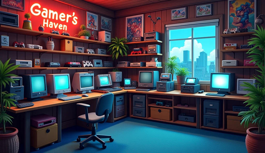 Depict the interior of a retro-themed game workshop. The room is devoid of people, focusing on the nostalgic ambiance. The walls are lined with wooden shelves filled with vintage and modern video game consoles, classic PC setups, and an array of colorful game controllers. The lighting is soft and warm, creating a cozy and inviting atmosphere. Include a variety of gaming memorabilia, like posters of iconic video game characters, and a subtle neon sign that reads 'Gamer's Haven.' The floor is carpeted in a deep blue, adding to the retro aesthetic. The color scheme features a mix of earthy tones with splashes of bright colors from the game boxes and accessories.