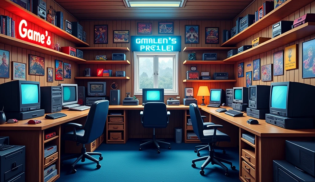 Depict the interior of a retro-themed game workshop. The room is devoid of people, focusing on the nostalgic ambiance. The walls are lined with wooden shelves filled with vintage and modern video game consoles, classic PC setups, and an array of colorful game controllers. The lighting is soft and warm, creating a cozy and inviting atmosphere. Include a variety of gaming memorabilia, like posters of iconic video game characters, and a subtle neon sign that reads 'Gamer's Haven.' The floor is carpeted in a deep blue, adding to the retro aesthetic. The color scheme features a mix of earthy tones with splashes of bright colors from the game boxes and accessories.