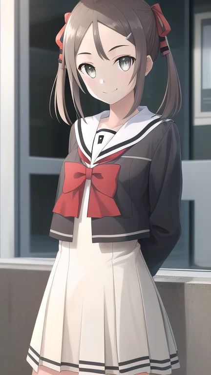 (high resolution, best quality, extremely detailed CG:1.2), (detailed, beautiful detailed eyes, super detailed skin, perfect face:1.1), (caustics, ambient light, sunlight:1.1),
BREAK 1girl, solo,brown hair, hair ornament,twintails,grey eyes,school uniform, hair ribbon, hairclip, bowtie,hair red bow,sailor dress, pleated dress,
BREAK (cowboy shot, looking at viewer:1.1), smile,
BREAK standing,