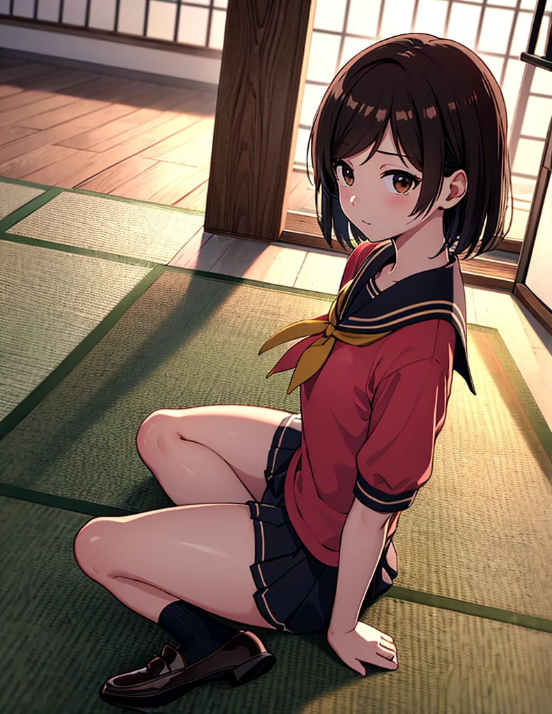 ((masterpiece, Please redeem, Very detailed, Very beautiful 8K CG wallpaper)), , A little thick,Side part semi-short,Medium Hair,Ireneの前髪, Brown hair with a slight reddish tint, Side part semi-shortヘア,Messy hair, Brown eyes with subtle red tinge,Monkey Fist player、Sailor suitスタイルのユニフォーム、Large bust、Sailor suit、mini skirt、Monkey Fist、cute expression、Inside the Monkey Fist Gymnasium、、On the tatami、discovery、One Girl、whole body、rest、Irene、Bust Size: Top 82, Under 69, Small B cup、Raised by a grandfather who was a martial artist、Height 159.5cm、Schoolgirl uniform、High school uniform tie、女子高生のmini skirt、loafers