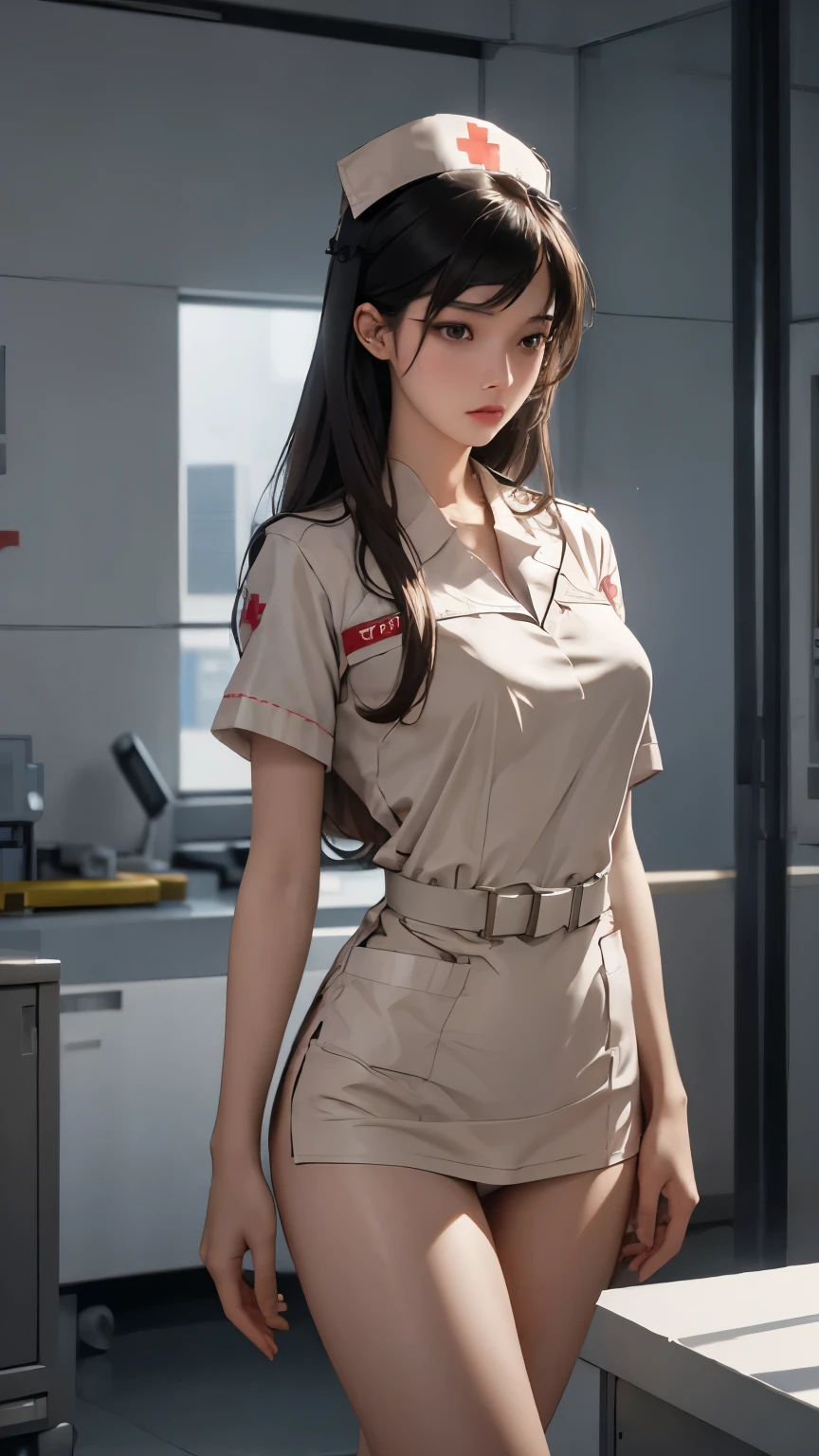 Beautiful sensuality of a female nurse against the backdrop of a laboratory, emotional, human and familiar movements, childish but high-sense fashion, 16k, masterpiece, RAW photo, highest quality, ultra-high resolution, realistic, high definition integrated into 16k, stylish and edgy, detailed depiction, delicate depiction, diverse lighting, contrast