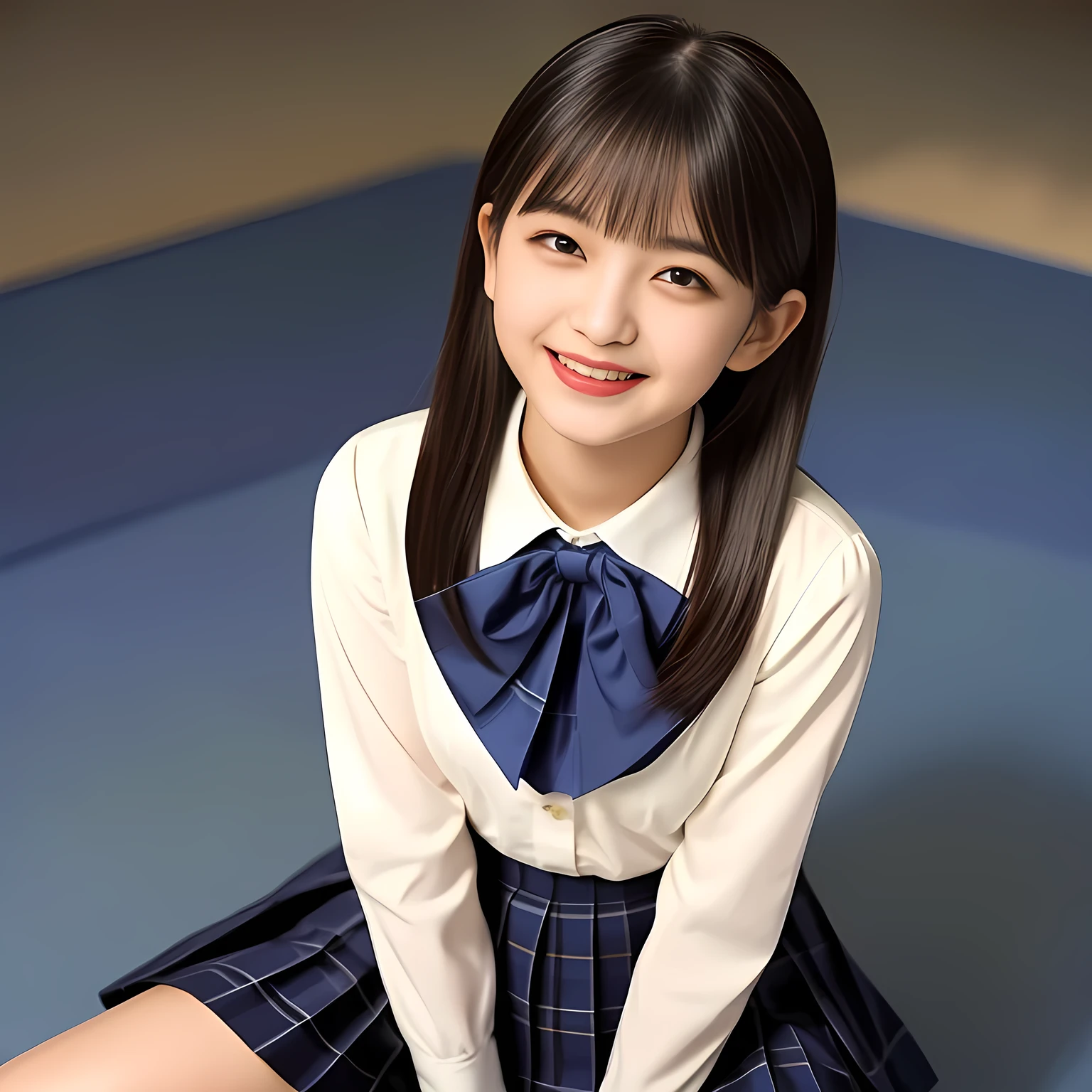 (Highest quality, masterpiece:1.2), Highest quality, High resolution, 1080P, 8k, height: 158cm, Multiple cute girls, (Noble, Japanese **** truly-girly-girl is seated on a blue flat floor and smiling directly at me in school uniform, Looking up at me deeply, Hypnotizing me with her cuteness: 1.8), looking at the viewer, well-grown breast and nice style, (well arranged, balanced, neat glossy straight very long hair), (Half-closed, Looking up to me, Very sleepy, Double-deep-eyelids, completely balanced, brown large large dreaming Japanese **** eyes with detailed beautifully: 1.6), (Glossy lips: 1.8), (high nose: 1.2), (Rich and long bottom-eye-slashes), (Drives me crazy for her navy-colored neat tartan plaid blue skirts and make me fall into her navy-colored plaid-print pleats skirt: 1.4), (Fine white-face that looks like she has never been out of home: 1.6), (Noble feminine frilled frilled clean frilled white girly blouse: 1.6), (Navy pleated plaid skirt: 1.5), (Plain-white big ribbon on the breast), (Hypnotizing shadow of blue evil-succubus background: 1.8), (Girl whom everyone loves because of her beauty and neat school fashion and noble manner and magic-charm of succubus: 1.7), full body shot, (jolly face expression), (evenly cut curled glossy rich beautiful bangs: 1.6), (bright light hitting her white-face and skirt clearly beautifully), (Very very large, dreamy, Adorable eyes, Looking deeply at me: 1.5), white-shining skin