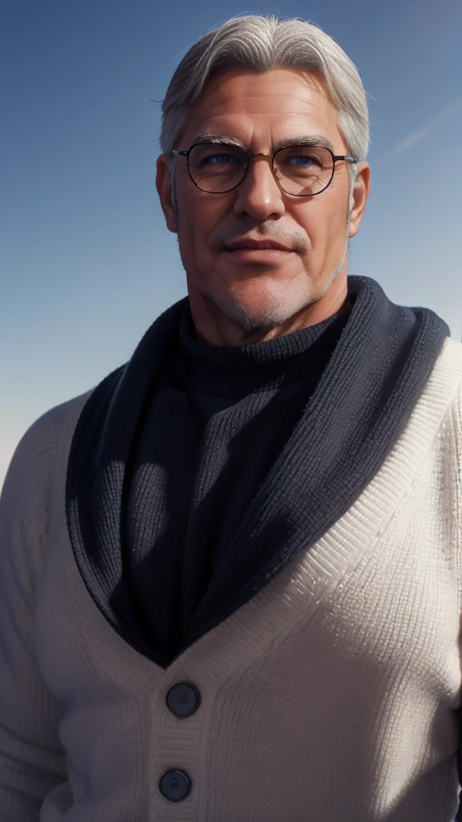 sfw, 1man, middle aged, 61 y.o, handsome, white graying edges, crew cut hairstyle, white beard, white mustache, friendly smile, wearing glasses, shining blue eyes, prominent muscular bodyshape, BODYBUILDER BODYSHAPED, black sweater, snow-themed winter mantle, dark blue training jeans, snowy tokyo (background), evening (sky color), closer distance face against me, realistic style, ultra-realistic, hyperrealistic, hyperdetail, looking viewers, hd, high quality, 8k resolution
