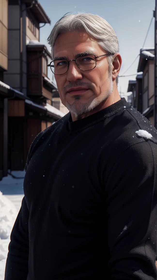 sfw, 1man, middle aged, 61 y.o, handsome, white graying edges, crew cut hairstyle, white beard, white mustache, friendly smile, wearing glasses, shining blue eyes, prominent muscular bodyshape, BODYBUILDER BODYSHAPED, black sweater, snow-themed winter mantle, dark blue training jeans, snowy tokyo (background), evening (sky color), closer distance face against me, realistic style, ultra-realistic, hyperrealistic, hyperdetail, looking viewers, hd, high quality, 8k resolution
