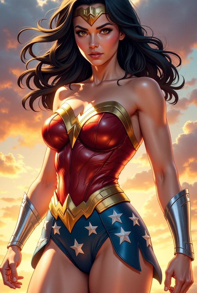 Wonder woman, wide hips and small waist, comic style, marvel comics, superheroe pose, dynamic, intricate