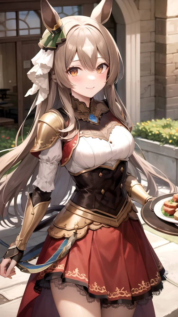 masterpiece, best quality, highres, {{8k}},
BREAK,
aasato, long hair, half updo, braid, hair between eyes, animal ears, ear ornament, medium breasts, plate armor, long red skirt, cowboy shot, shy smile, blush, cute, wide hips, busty,
BREAK,
outdoor, castle,