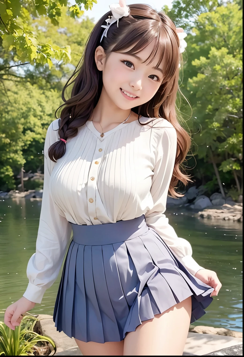 (Highest quality,masterpiece:1.3,Ultra-high resolution),(Very detailed、Caustics) (Realistic:1.4, RAW shooting、)Ultra-Realistic Capture、Very detailed、Natural skin texture、masterpiece、(A Japanese elementary school girl wearing a blouse and pleated skirt:1.3)、Adorable expression、Expressions of happiness、、height: 140cm、Baby Face、Pure girl、Amazingly cute、Twin tail hairstyle、Curly Hair、ribbon、Black Hair、Large Breasts、Shining thighs、Shining ass、necklace、Shade by the lake、Background details、smile、An inviting gaze、(Anatomically correct)、Cowboy Shot、Attention to detail、Lift the breast from below with both hands、