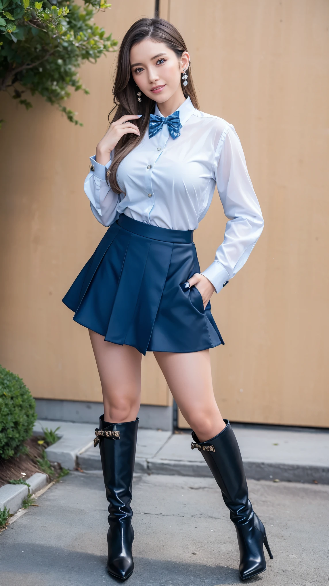 (Dark blonde hair),Ultra realistic 8K, (Mature female,40 years old),(Heavy makeup), Earring,Big breasts:1.0,Standing infront of the luxury highschool,Nikon Z 85mm,((Best Quality)) ,((masterpiece)),intricate detailes,Photorealistic,Extremely delicate and beautiful,((Blue High school girl in uniform,Buttoned shirt,Bow tie,Mini skirt)):1.4,(Long boots with stiletto heel,Pointed toe):1.0,Full body shot:1.2,Tempting smile,NSFW