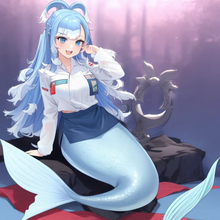 (masterpiece, best quality),  intricate details, 
1girl,   Kobo, Multicolored hair, Aqua eyes,  light blue hair, white hair tips, 
Gigantic breasts, smiling, opened mouth, wear white uniform, long Sleeve shirt, pool, mermaid tail below waistline, mermaid, gigantic breasts, wet shirt, sit, water,