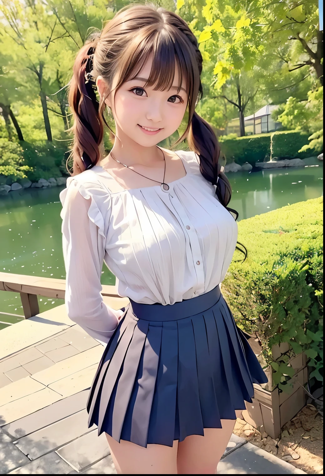 (Highest quality,masterpiece:1.3,Ultra-high resolution),(Very detailed、Caustics) (Realistic:1.4, RAW shooting、)Ultra-Realistic Capture、Very detailed、Natural skin texture、masterpiece、(A Japanese elementary school girl wearing a blouse and pleated skirt:1.3)、Adorable expression、Expressions of happiness、、height: 140cm、Baby Face、Pure girl、Amazingly cute、Twin tail hairstyle、Curly Hair、ribbon、Black Hair、Large Breasts、Shining thighs、Shining ass、necklace、Shade by the lake、Background details、smile、An inviting gaze、(Anatomically correct)、Cowboy Shot、Attention to detail、Lift the breast from below with both hands、