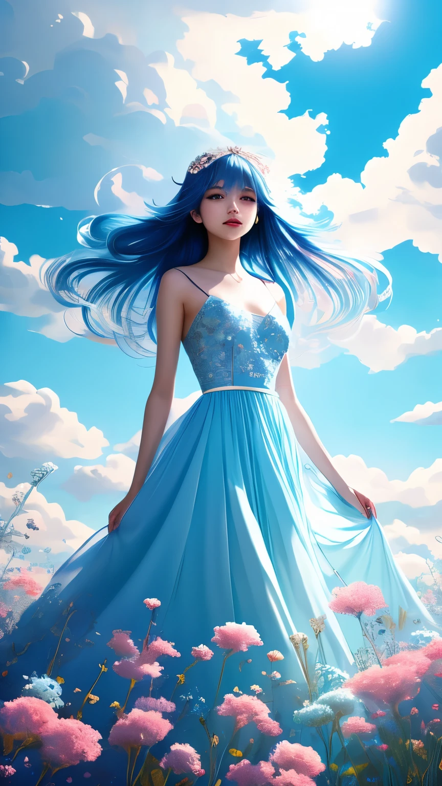 a full-length girl flies in the clouds, long blue hair, peach-colored flowers woven into her hair, soft pink clouds, clouds swirling in a whirlwind, many small luminous drops, a dress flutters in the wind, a soft blue dress, bright soft light, thin golden lines come out of the depths, enveloping the girl