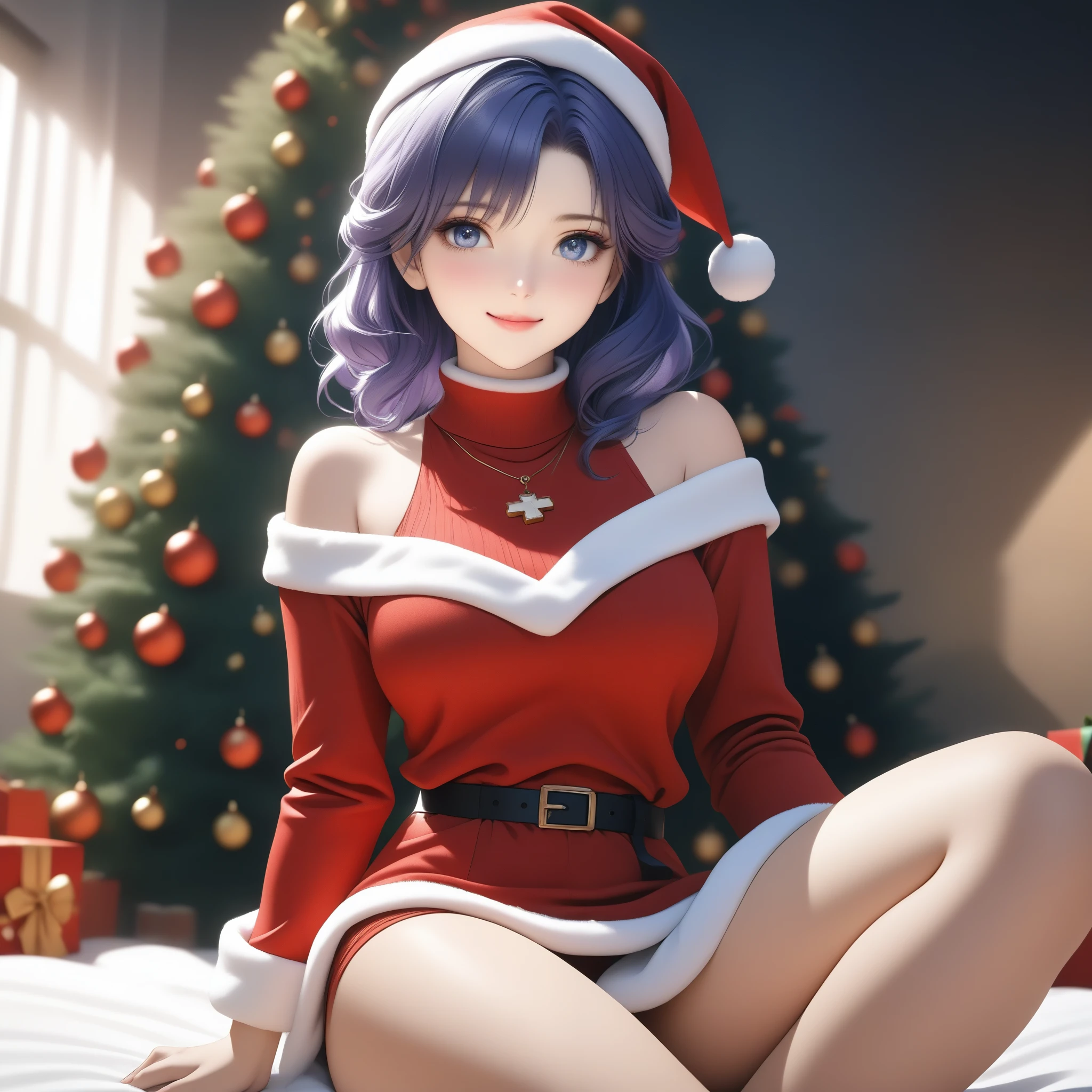 (masterpiece), best quality, 1girl, expressive eyes, perfect face, (purple hair), perfect anatomy, full body, 4k, HDR, full HD, alone,, a woman sitting on top of a bed next to a christmas tree, a photorealistic painting, pixiv, thighs close up, celebration costume, close up details, cutecore clowncore, closeup photo, high detail photo, wrapped, (((santa claus outfit))), santa clause, 8k octae render photo, (Standing, looking at viewer, sweet smile),katsuragi misato, cross necklace, high collar dress, ,masterpiece,off-shoulder sweater, 