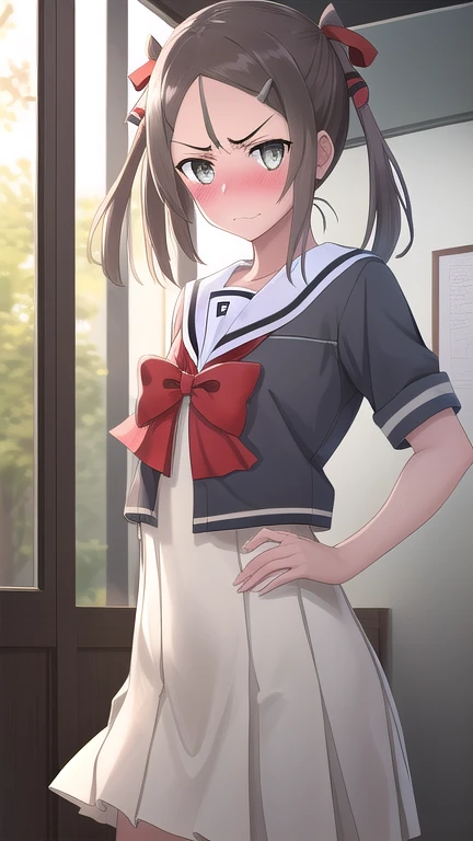 (high resolution, best quality, extremely detailed CG:1.2), (detailed, beautiful detailed eyes, super detailed skin, perfect face:1.1), (caustics, ambient light, sunlight:1.1),
BREAK 1girl, solo,brown hair, hair ornament,twintails,grey eyes,school uniform, hair ribbon, hairclip, bowtie,hair red bow,sailor dress, pleated dress,
BREAK (cowboy shot, looking at viewer:1.1), (angry, blush, embarrassed),
BREAK standing,