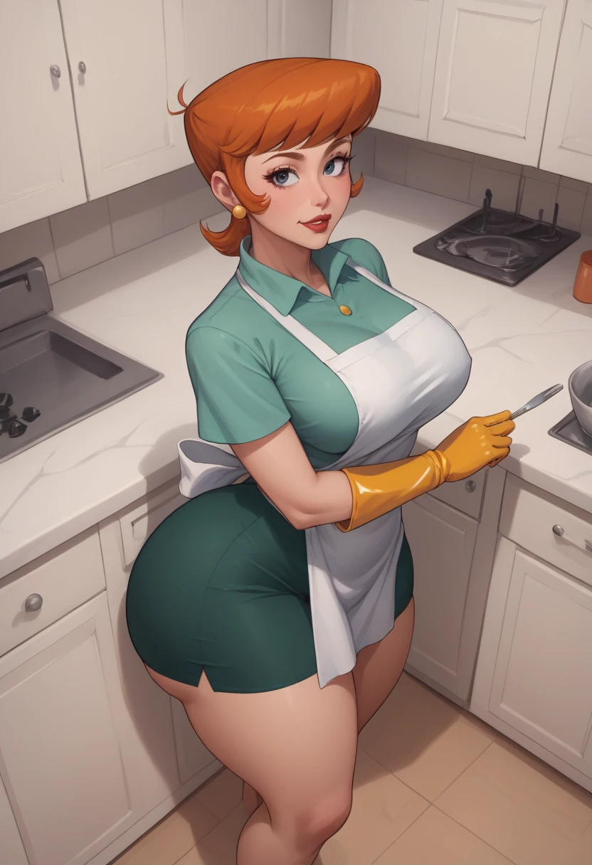 score_9, score_8_above, score_7_above, BREAK, 1 girl, Alone, breasts,  mom dexter, makeabove, jewelry, Gloves, shirt, apron, kitchen, aboveper body, portrait, mature woman, simple background, thick thighs, Wide hips, big ass, showing the crack of the ass slightly, showing big butt, to crouch,