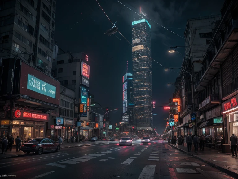 Cyberpunk streetscape with tall skyscrapers, Glowing neon signs and LED lights, traffic with futuristic cyberpunk cars and ((Flying cars in the sky)), Dark atmosphere, Cinematic lighting, Extremely detailed.