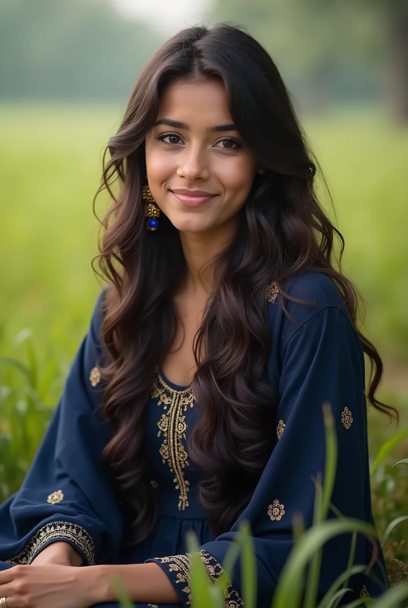 Indian girl black hair wearing kurtha real stick photo