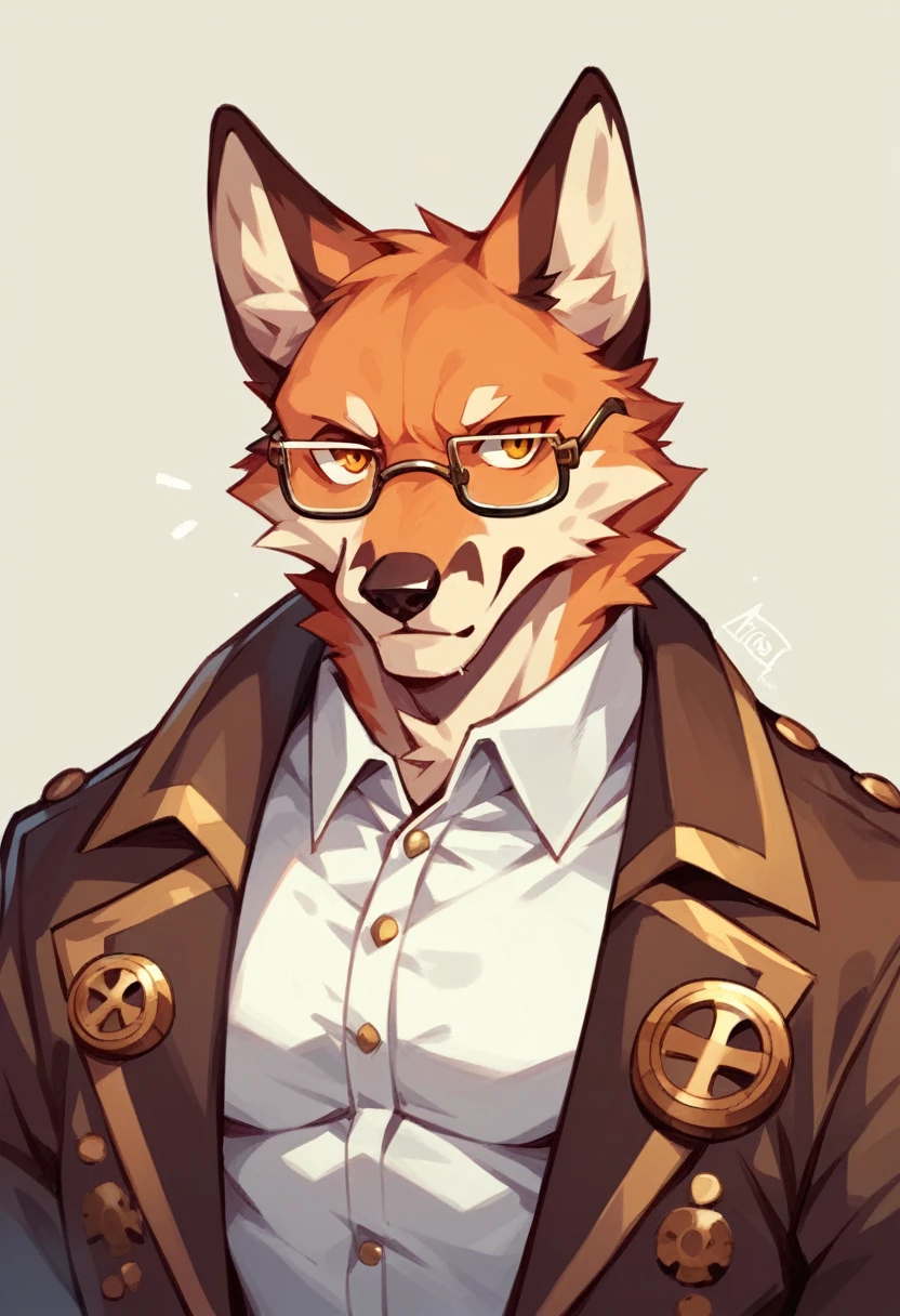 furry fandom illustration, red glasses, madure and cute shy boy african wild dog mixed with wolf, dark cream color fur, red muzzle, red glasses, timid smile, with one pivoted ear, inside a dark room, wearing a light green leash, sucking a wolf ?????