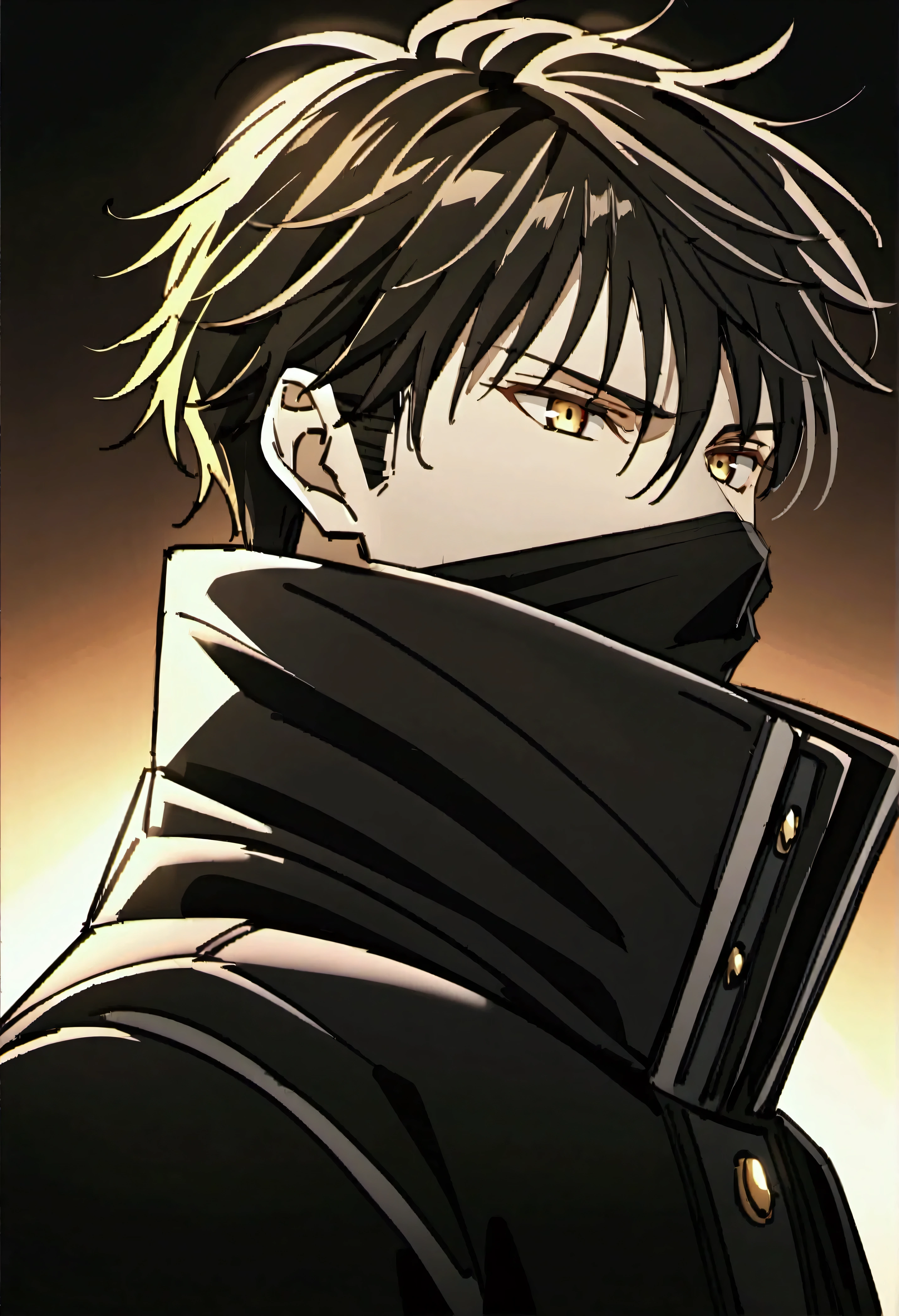 Anime man, black mask, yellow golden eyes, black messy hair, black fluffy winter jacket, white shirt, will commit peace, calm demeanor face expression, calm, black face mask covering half of the lower face