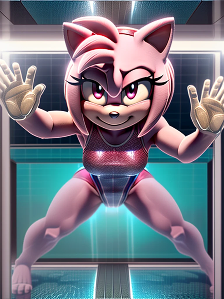 Amy Rose, Leotard, Medium Breasts, (((Whole body *Face, Hands, Breasts, Torso, Groin, and Legs* pressed against a glass floor, Openlegs, Head turned to the left, eyes facing the viewer under the glass floor)))