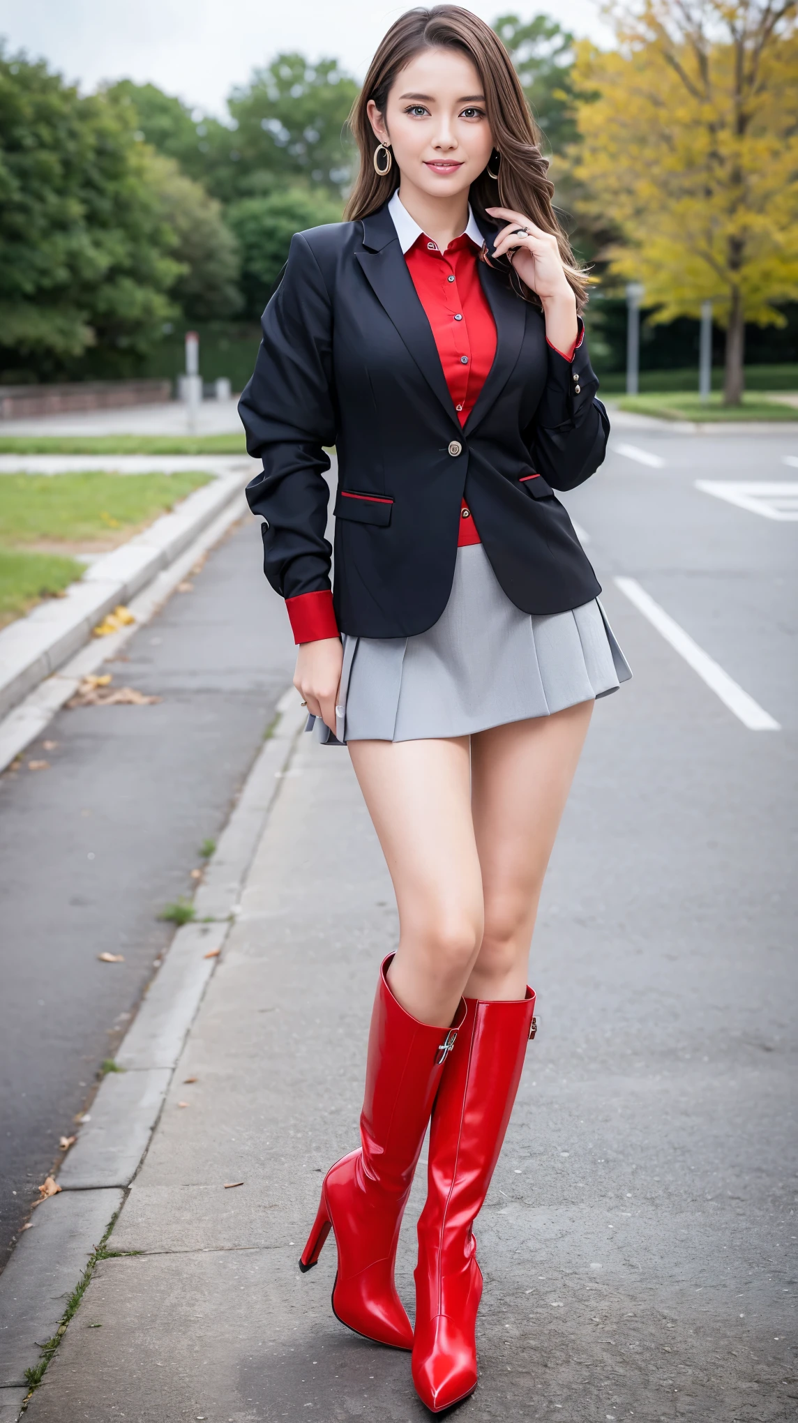 (Dark blonde hair),Ultra realistic 8K, (Mature female,40 years old),(Heavy makeup), Earring,Big breasts:1.0,Standing infront of the luxury highschool,Nikon Z 85mm,((Best Quality)) ,((masterpiece)),intricate detailes,Photorealistic,Extremely delicate and beautiful,((Red High school girl in uniform,Buttoned shirt,Short blazer,Mini skirt)):1.4,(Long boots with high stiletto heel,Pointed toe):1.0,Full body shot:1.2,Tempting smile,NSFW