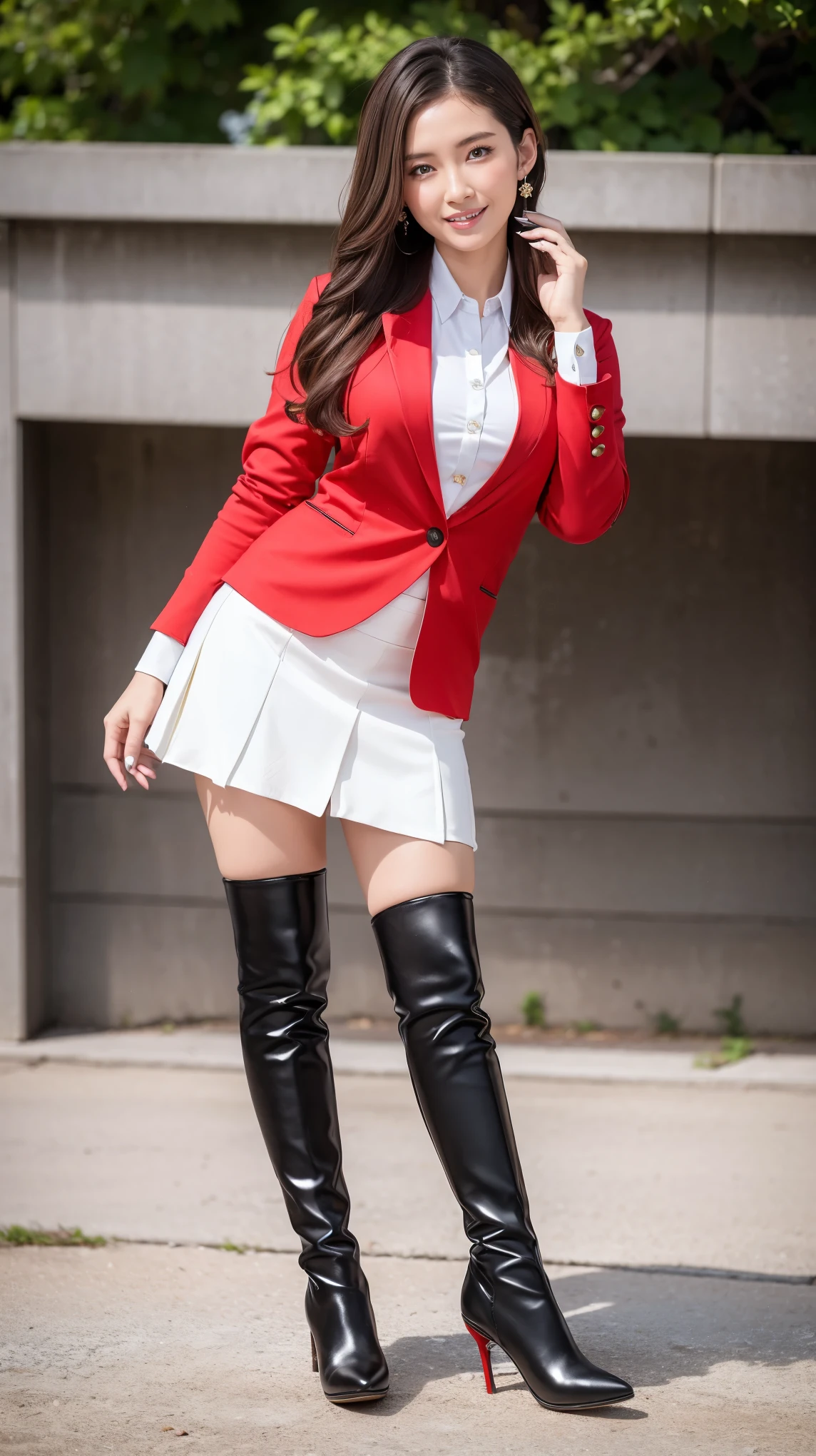 (Dark blonde hair),Ultra realistic 8K, (Mature female,40 years old),(Heavy makeup), Earring,Big breasts:1.0,Standing infront of the luxury highschool,Nikon Z 85mm,((Best Quality)) ,((masterpiece)),intricate detailes,Photorealistic,Extremely delicate and beautiful,((Red High school girl in uniform,Buttoned shirt,Short blazer,Mini skirt)):1.4,(Long boots with high stiletto heel,Pointed toe):1.0,Full body shot:1.2,Tempting smile,NSFW