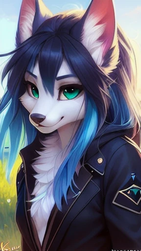 A beautiful and detailed (sweet portrait) from ((Crystal)), Sternenfuchs Crystal, slim, lovable, green eyes, medium breasts, (((Long blue hair 1.3))),  ((black hair tips)), Decollete, Grin, look up,, anthro, Fuzzy, Uploaded E621, detailed fluffy fur, (from Fluff-Kevlar, Bayard Wu, Personalami, Pino Daeni), detailed face, (fluffy), 1 girl, Alone, wears a uniform  , is located in a school