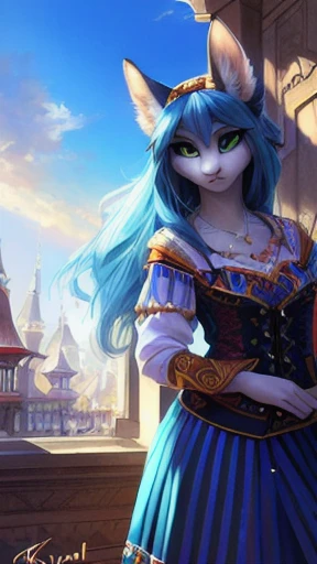 A beautiful and detailed (sweet portrait) from ((Crystal)), Sternenfuchs Crystal, slim, lovable, green eyes, medium breasts, (((Long blue hair 1.3))),  ((black hair tips)), Decollete, Grin, look up,, anthro, Fuzzy, Uploaded E621, detailed fluffy fur, (from Fluff-Kevlar, Bayard Wu, Personalami, Pino Daeni), detailed face, (fluffy), 1 girl, Alone, wears a uniform  , is located in a school