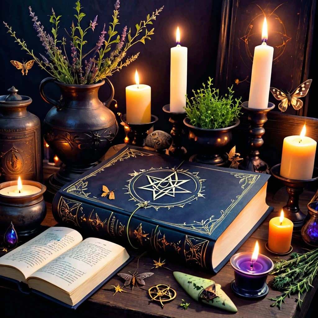 Witchcraft, sorcery, grimoire, book of shadows, witch's altar, candles, herbs, potions, moths, dark art,