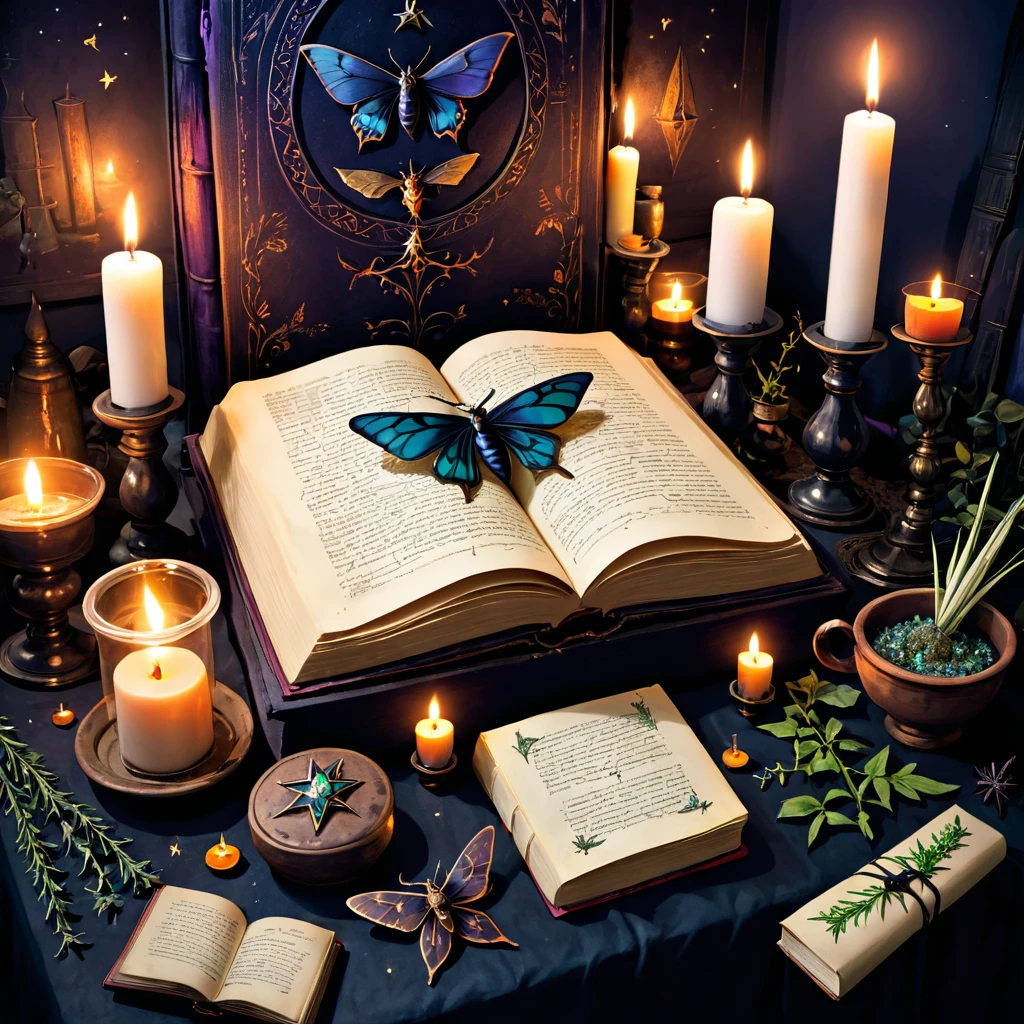 Witchcraft, sorcery, grimoire, book of shadows, witch's altar, candles, herbs, potions, moths, dark art,