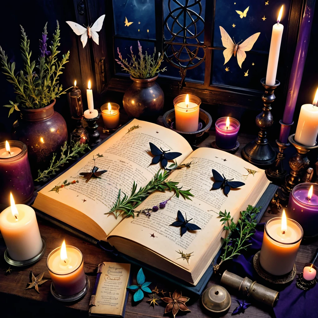 Witchcraft, sorcery, grimoire, book of shadows, witch's altar, candles, herbs, potions, moths, dark art,