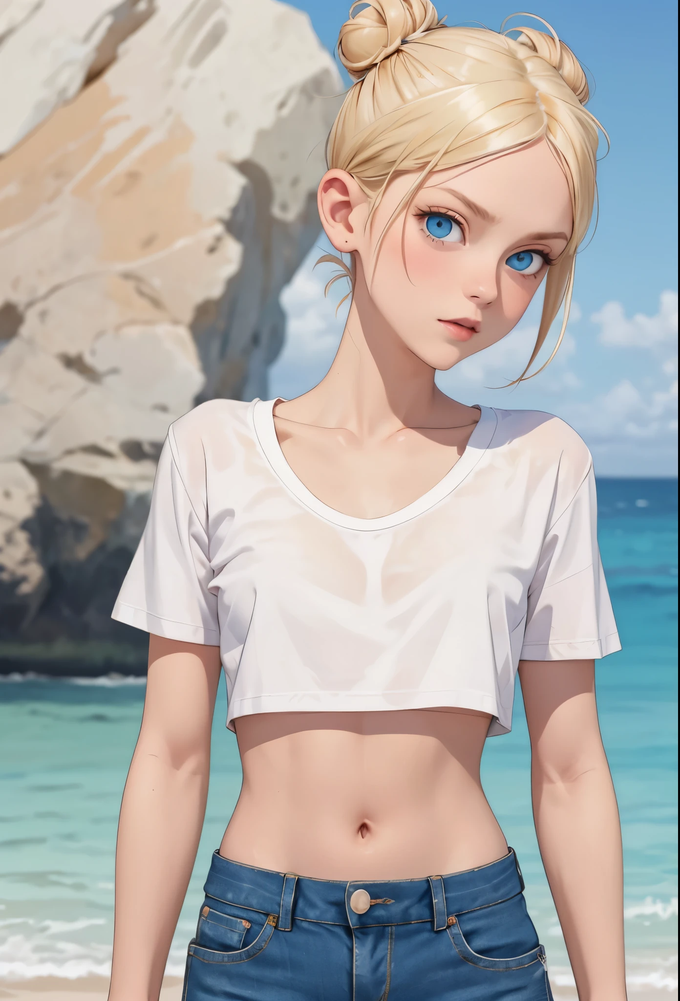 score_9, score_8_up, score_7_up, sfw,Anatomically Correct, portrait,
1girl, (skinny body:1.1),((flat chest:1.2)),short blond hair with buns, tight cropped white t-shirt, low rise cropped shorts, blue eyes, ocean view,