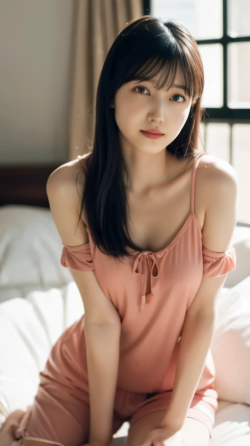 randome pose、bed、pale pink lace nightgown、japanese girl、 girl、small tits、perfect chest、perfect skin、perfect body shape、petite、small beautiful butt、bob hair、A dark-haired、bangs whorl、an legs、colorful、Light pink panties、