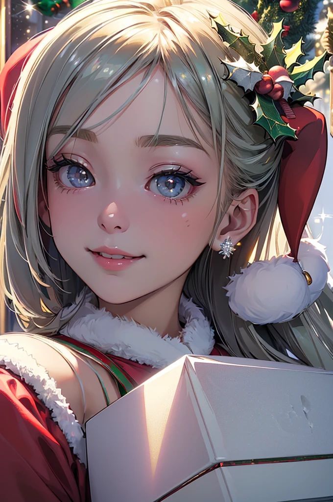 super high quality、( high detailイラスト)、(((1 girl_baby face)))、 ((Adult Suits))、((Double exposure、Christmas gift box:1.6))、((platinum、(theme:Ice Red|Ice Green))、cute、Smile、Kiss、Supporting Santa Claus、high detail、Crisp details、Soft light on the scene、Ambient Light、Balanced Exposure、An extremely sophisticated masterpiece、Amazing details、Complex Texture、High resolution、The beauty of beauty、Good effect、8k