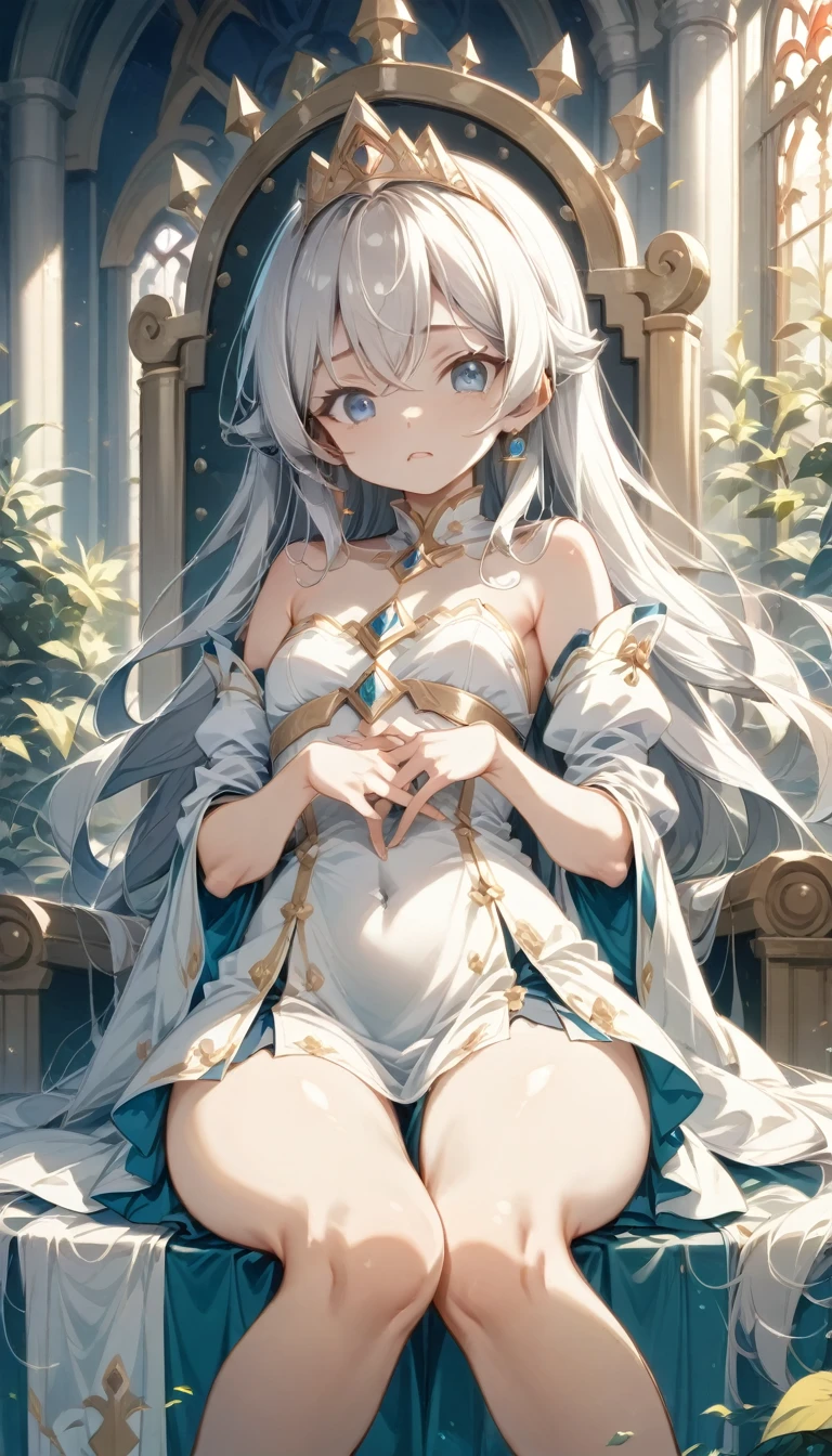 One beautiful girl、Princess、(((Ultra-high resolution、Ultra high definition、Highest Settings、８k、)))、Small breasts、whole body、Long Hair、Silver Hair、Moe、Inside the palace、Throne、