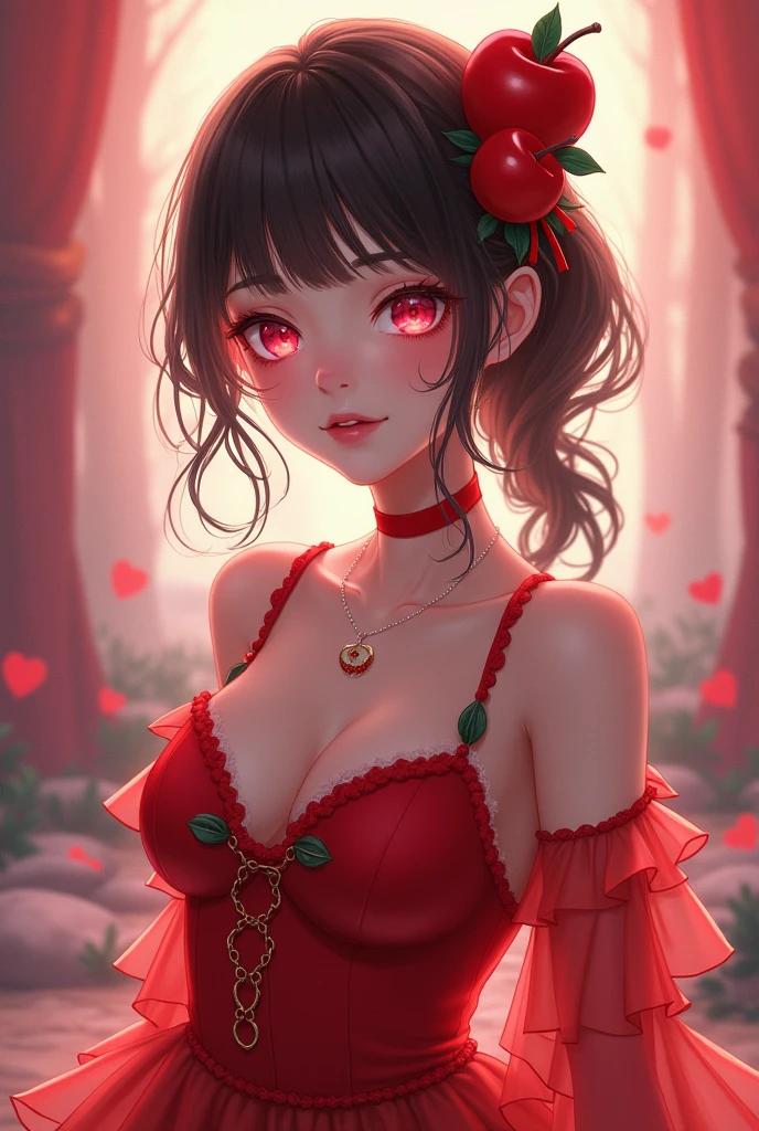 Staring straight ahead,Facing forward,front facing portrait((Highly detailed CG unit 8k wallpaper, masterpiece, High resolution, highest quality, highest qualityのリアルテクスチャスキン)), ((very beautiful woman, :1.5, plump lips, (messy black hair, white skin, small breasts), ((and handle background, Colorful background with roses and 、PINKwarm color)), hyper realistic, digital painting, concept art,,Girl looking straight ahead,sexly,front facing body looking up,comprehensive,A red dress with an open chest,Date