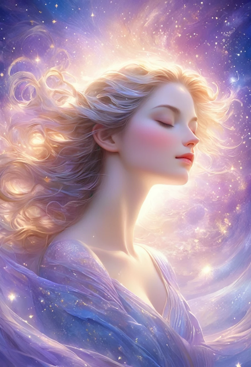 "Por favor, Create an ultra-realistic image of a blonde woman with flowing hair and flowers around, Lying with her eyes closed in outer space. She must have an angelic and dazzling appearance, como se fosse uma figura de uma fantasia encantada. A imagem deve ser iluminada pela luz suave da lua que brilha ao fundo, giving a sense of serenity and magic at the same time."