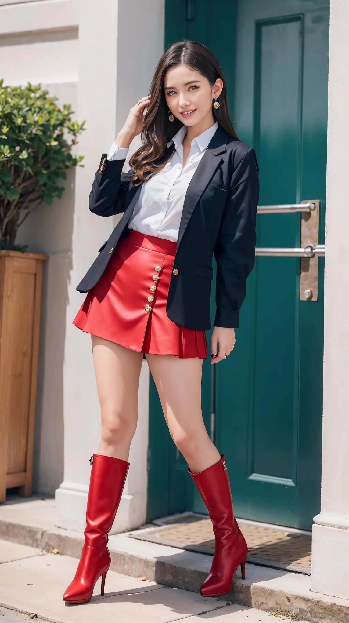 (Dark blonde hair),Ultra realistic 8K, (Mature female,40 years old),(Heavy makeup), Earring,Big breasts:1.0,Standing infront of the luxury highschool,Nikon Z 85mm,((Best Quality)) ,((masterpiece)),intricate detailes,Photorealistic,Extremely delicate and beautiful,((Red High school girl in uniform,Buttoned shirt,Short blazer,Mini skirt)):1.4,(Long boots with high stiletto heel,Pointed toe):1.0,Full body shot:1.2,Tempting smile,NSFW
