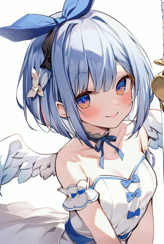 beautiful, masterpiece, Highest quality, anime, One girl, C Cup,Portrait Shot, View your viewers, Intricate details,>,((Covered、Short Hair、nearby、Blue Eyes、art、、White hair,Blue streaked hair、wallpaper、、white_gloves、hairpin、smile、Angel、Nipples、Thighs、Halo、Wolfヘアー、On all fours、tang、Wolf_tail