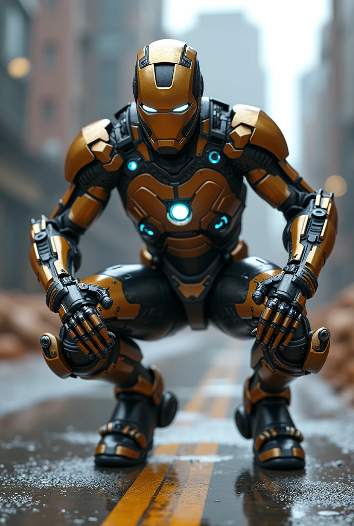 Masterpiece, ironman full body capture squat down and prepare to run wearing futuristic steampunk robotic suit, hyper realistic, hyper detailed mechanical, clean sharp image, 16K, HD, High Quality