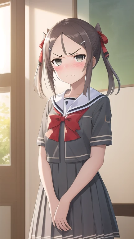 (high resolution, best quality, extremely detailed CG:1.2), (detailed, beautiful detailed eyes, super detailed skin, perfect face:1.1), (caustics, ambient light, sunlight:1.1),
BREAK 1girl, solo,brown hair, hair ornament,twintails,grey eyes,school uniform, hair ribbon, hairclip, bowtie,hair red bow,sailor dress, pleated dress,
BREAK (cowboy shot, looking at viewer:1.1), (close eyes:1.1), (angry, blush, embarrassed),
BREAK standing, 