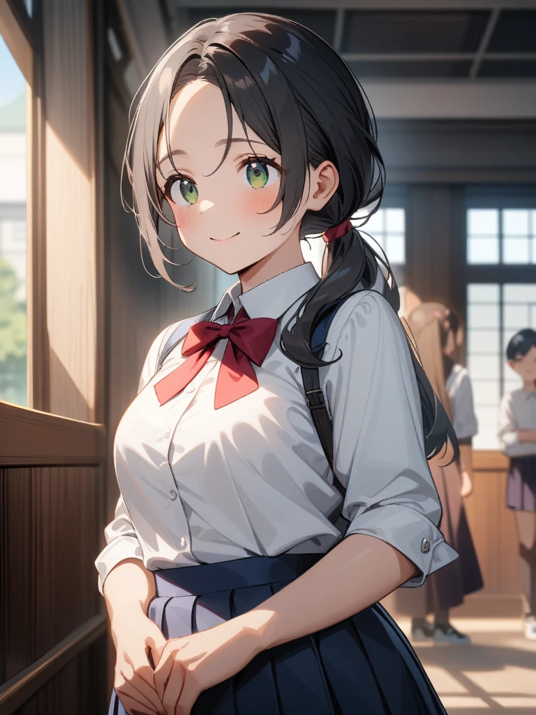 (masterpiece:1.2), (best quality:1.2), (very aesthetic:1.2), (absurdres:1.2), (detailed background), [realistic style: anime style:0.4], intricate, (cowboy shot), soft line, ((((from front)))), 1young girl, in the school,
BREAK grayish green eyes, (tareme:1.4), (small eyes:1.5), smile, 
BREAK (glamor body:1.0), (short stature tall:1.0), white blouse, collared blouse, blue pleated skirt, red bow, emphasized breast, blouse tucked into skirt, 
BREAK (forehead:1.2), (middle part), swept to backward,  flat hair, (ponytail, low ponytail), long hair, black hair,
