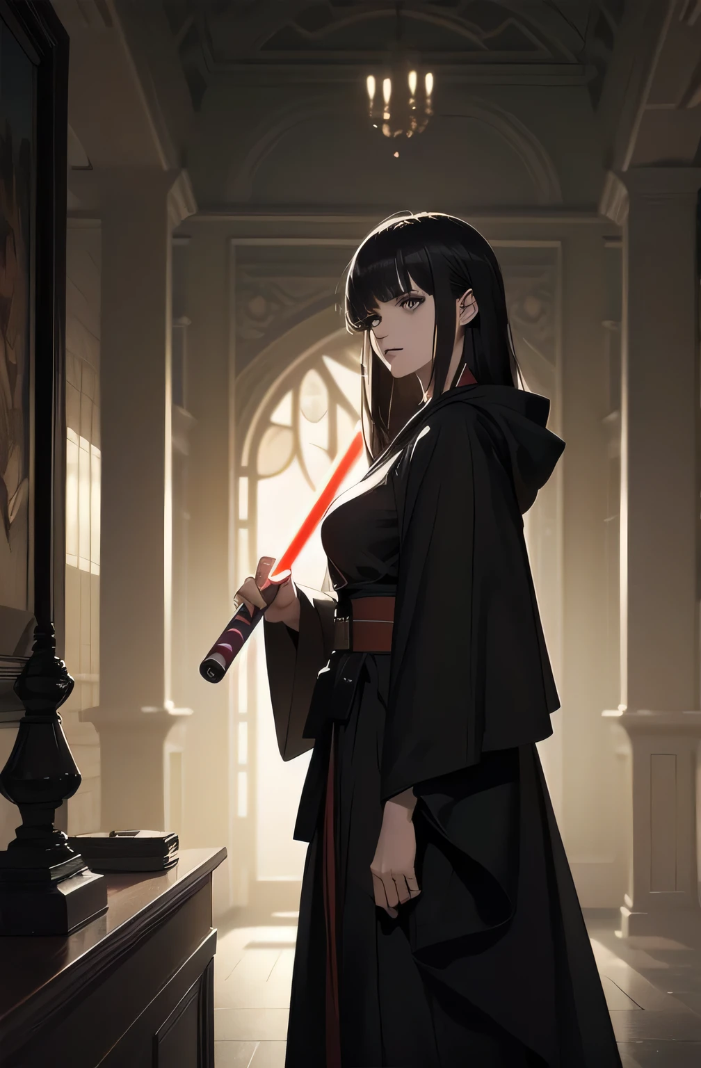 Shadow Face、Star Wars, jedi, black jedi robe、black robe, black belt,Star Wars concept art, Star Wars、jedi、Lightsabers、Black Robe、jediの服、Star Wars、beautiful girl、cute、Droopy eyes、Black Hair、Beautiful Long Hair、Straight hair、bangs、bangsbangs、bangs、hime cut、Big Breasts、Slim body、slim、(Best Quality,4K,High resolution,Masterpiece 1.2),Very detailed,Real 1.37,Spooky altar background,Dark fantasy,Black color scheme,Ominous atmosphere,Eye-catching,story,Anime Style,Concept Art,Inappropriate behavior,beautiful, Delicate facial features, pale Skin, night、Dim lighting、Dark Background, Cinema Lighting, Dramatic Shadows, gothic, Spooky atmosphere, Dark story, 1 person&#39;S, Red cheeks, ,(Blood splatter 1.3),Scary smile, smile,TwiSted smile、Bloody,(Blood splatter 1.3),Horror Style, ((Flowing Black Hair)), Female Curves, Sexy flat stomach, Perfect hands, Perfect anime character face, (Black hood)), standing, ((Black Robe), ,(Dark story 1.3), Steam circulation, Moonlight Illumination, Night lighting, Gothic architecture、Western architecture,Victorian city, Skeleton Gas Light,Absurd, High resolution、 ((Tabletop)), ((Best Quality)), (Very detailedな), ((Very detailed)), (beautiful), ((cute)), 1 person,(1.6)、beautiful face、Full Body Ezbian、pale, Beautiful skin、Big Breasts、Beautiful body、Slim body、beautiful feet、Smiling Kindly、Dark building ruins、(The dark ruins are Bloody 1.3)、Low angle full body shot、(Creepy 1.3)、(The girl lost a lot of blood.............1.3)、Spirits、Droopy eyes、bangs, Long Hair, Star Wars、jedi、Blue Lightsabers、Ready your Lightsabers、star wars background