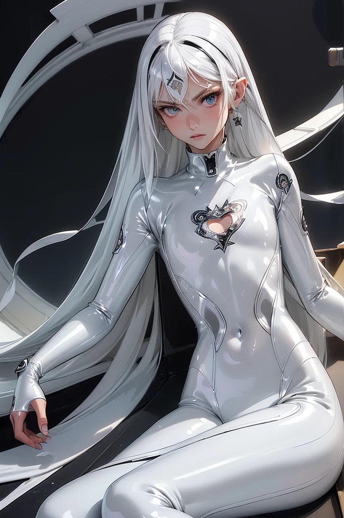 (white tight body suit, masterpiece, best quality:1.3), cute, futuristic, cyber, small girl, standing, full body, facelight, looking at viewer, white long hair, dark space, particle, thighs, highres, dutch angle, ultra detailed,  finely detail face, detailed face and eyes, sharp pupils, realistic pupils