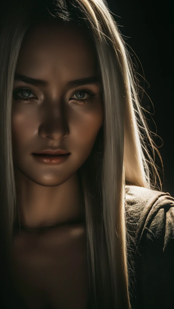 (front focus), (in the dark:1.6), Hyper realist portrait of female, fantasy art, photo realistic, dynamic lighting, art-station, poster, volumetric lighting, very detailed faces, 4 k, award winning, 1girl, in the dark, deep shadow, low key, cowboy shot, (official clothing:1.4), long hair, white hair