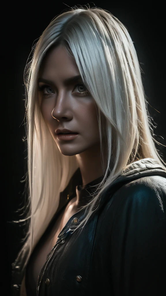 (front focus), (in the dark:1.6), Hyper realist portrait of female, fantasy art, photo realistic, dynamic lighting, art-station, poster, volumetric lighting, very detailed faces, 4 k, award winning, 1girl, in the dark, deep shadow, low key, cowboy shot, (official clothing:1.4), long hair, white hair