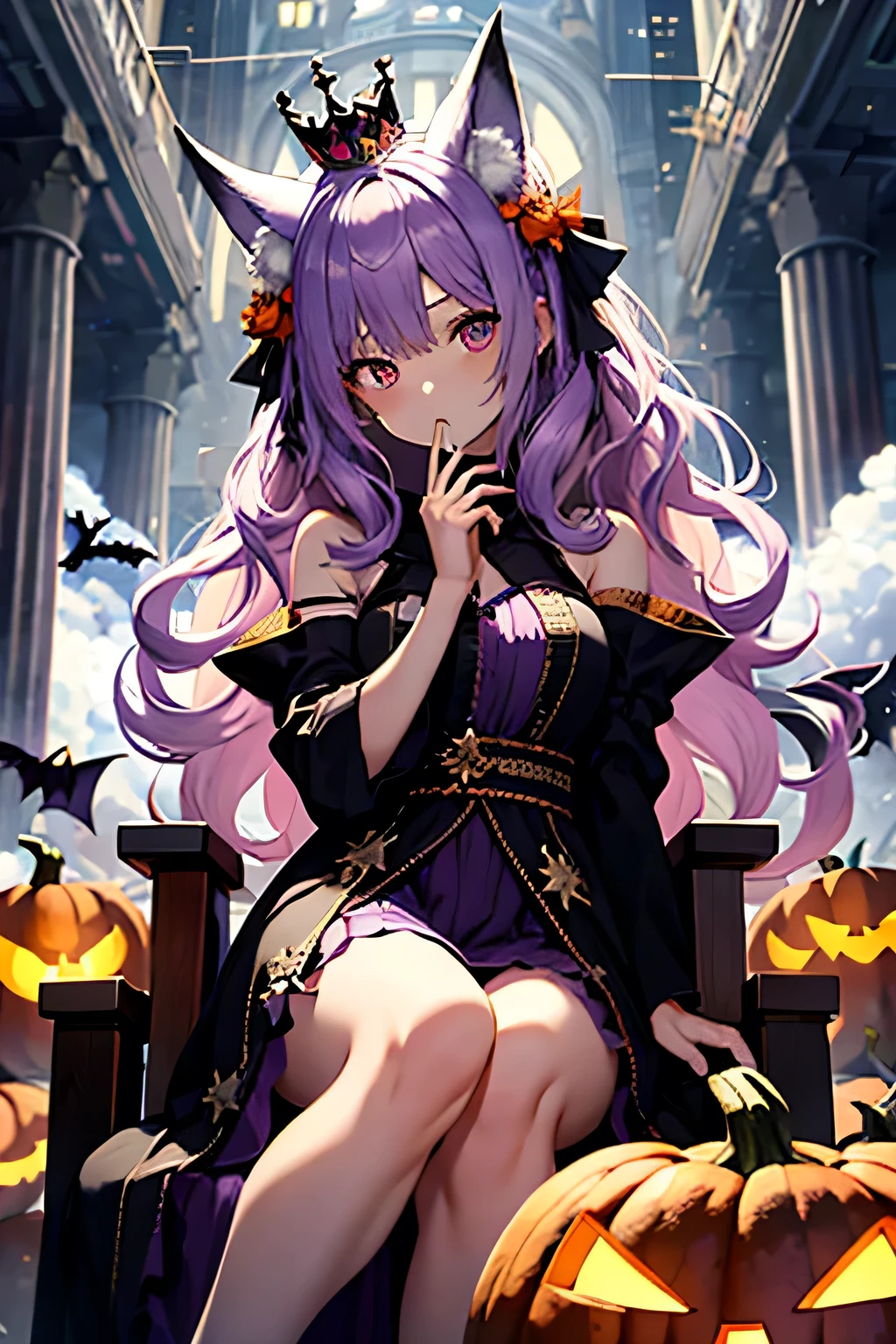 One girl, Halloween, Halloween costumes,Alone,  Purple Hair,Long Hair,Wavy Hair,Fox Ears, Sitting in a crowned chair,holding a crown in hand, Devil Costume, Bell, star, Pumpkin，Bats，cloud, Dynamic Angle, , city, 大きなstarの上に座る, magic, Long Dress, Simple Background, Simple drawing,