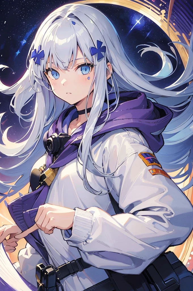 (Best Quality:1.3), (masterpiece:1.3), (Illustration:1.3), (Super detailed:1.3), (Imide Shot:0.9), One girl, Long Hair, Gray Hair, ((blue eyes)), Purple hoodie, Staring at the viewer, White jacket, Medium chest, HK416Clukay, Upper Body, Night Sky, star